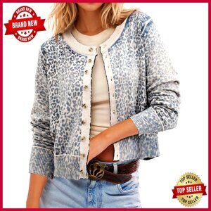 Leopard Print Cardigan Long Sleeve Button Up Cropped Sweater Women's